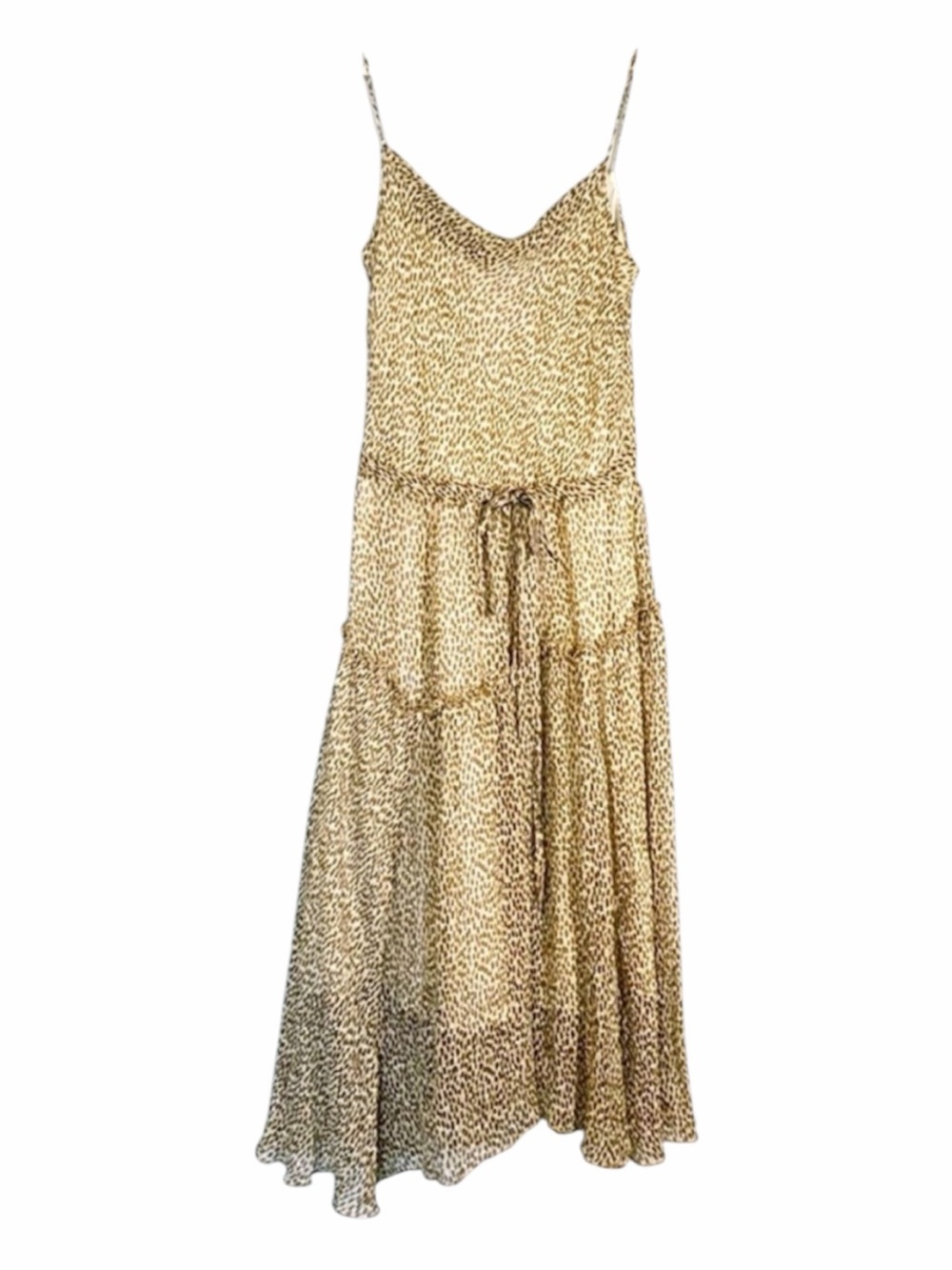 Nine West Vintage Animal Print Midi Dress 100% Silk Tiered Size 12 Brown
